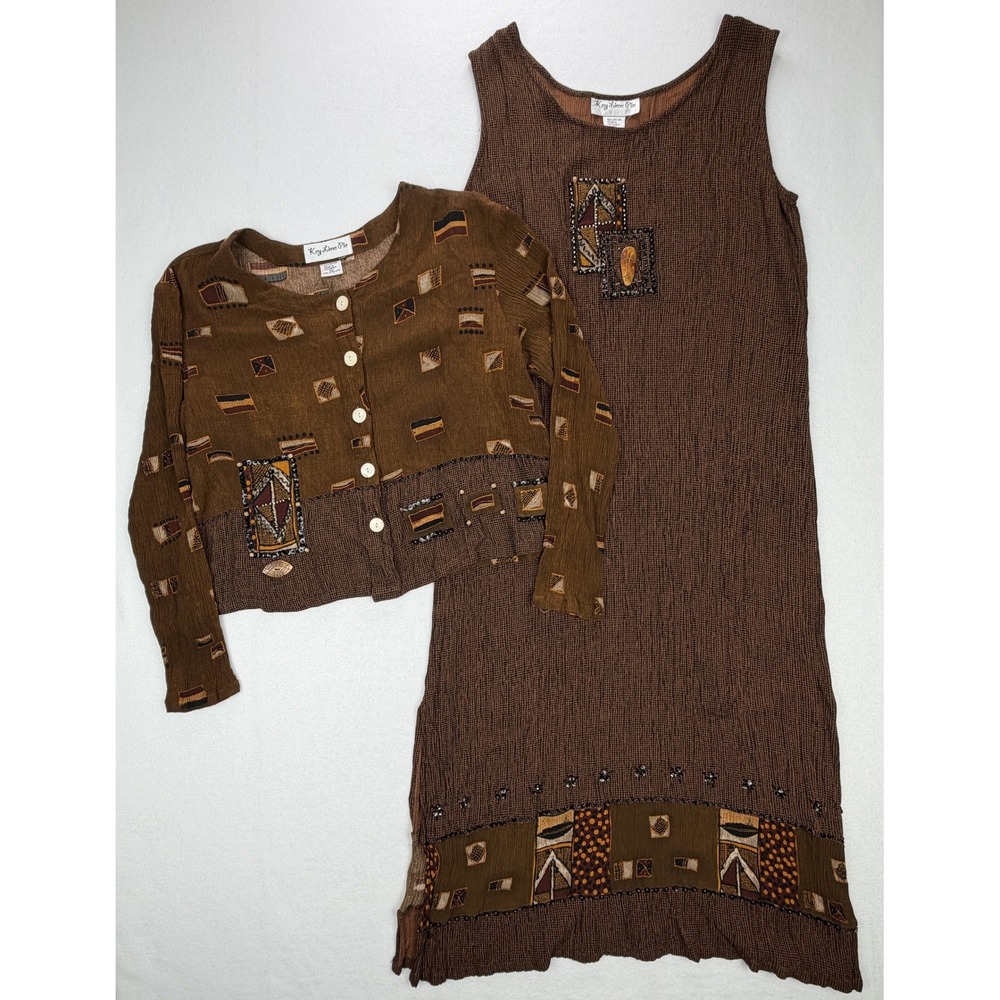 Vintage Key Lime Pie Brown Tribal Beaded Maxi Dress & Cardigan Set Womens L